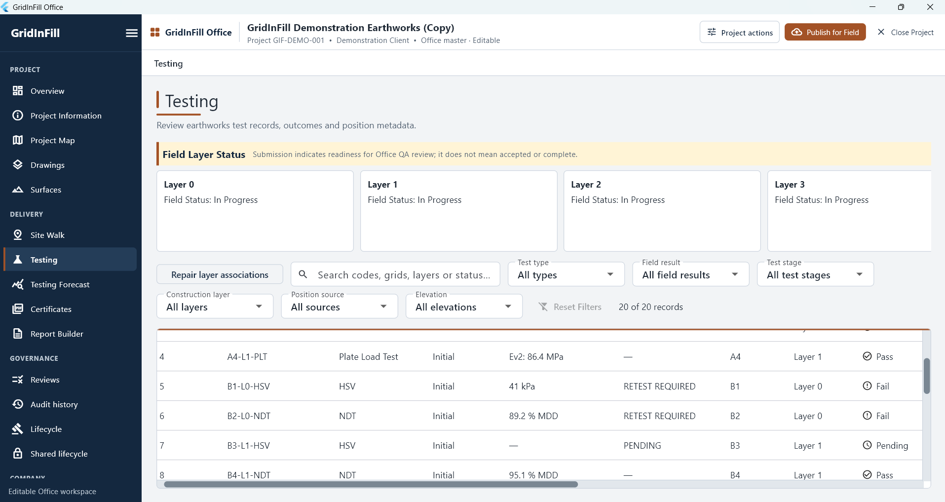 GridInFill Office testing register.